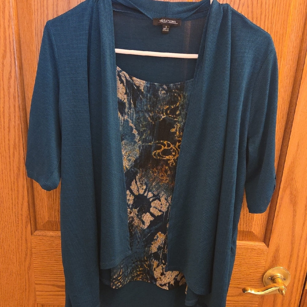 Notations Teal and Multicolor Open Front Cardigan